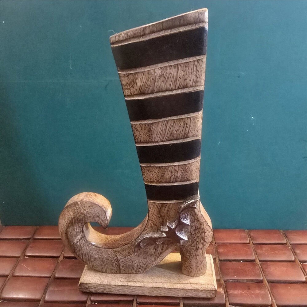 Gothic Witch Boot Halloween Wooden Decor Striped w/ Metal Bat 10.5"x6.5"x2"